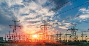 Distribution electric substation with power lines and transformers