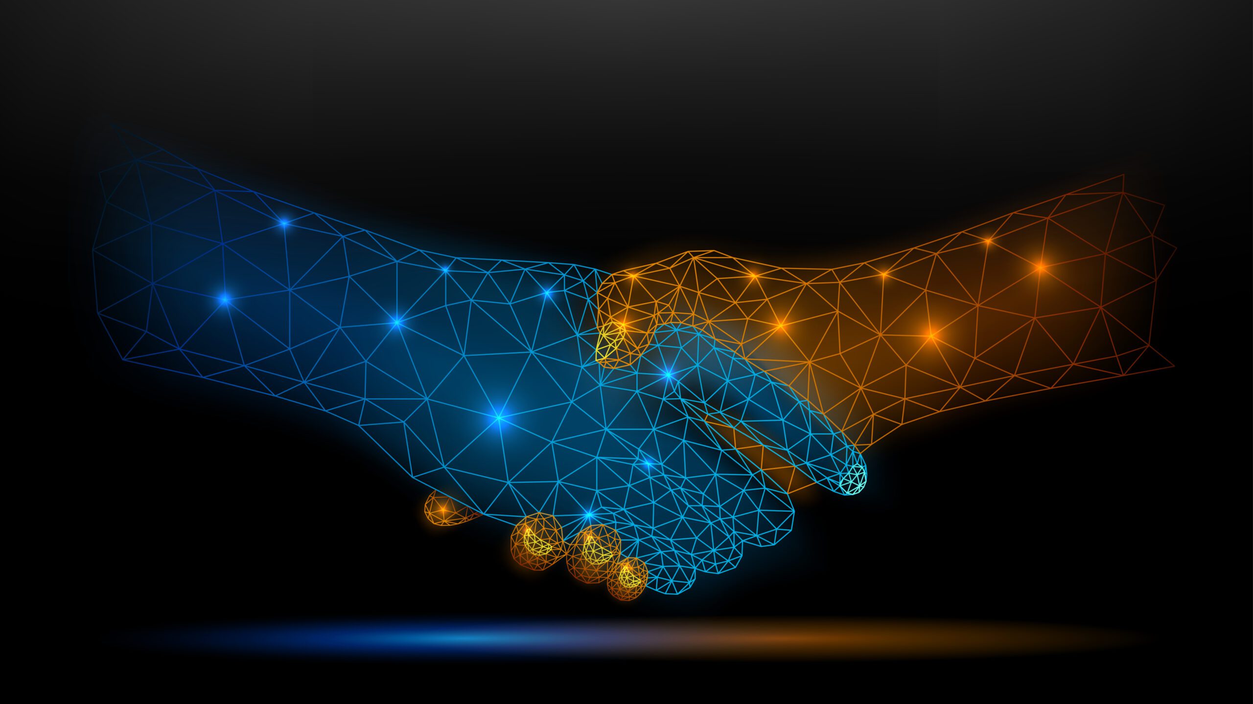 Blue,And,Gold,Wireframe,Glowing,Handshake,On,Dark,Background,,Partnership