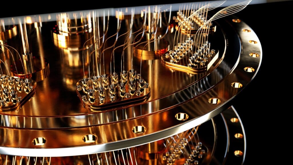 Close-up of quantum computing infrastructure with superconducting circuits and signal wiring used in post-quantum computing environments.