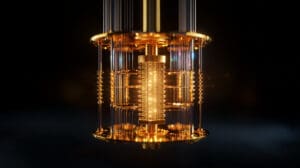 goldener, eleganter Quantencomputer-Zylinder auf schwarzem Hintergrund