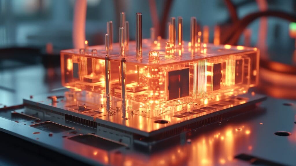 transparenter, leuchtend oranger Chip/Prozessor-Block