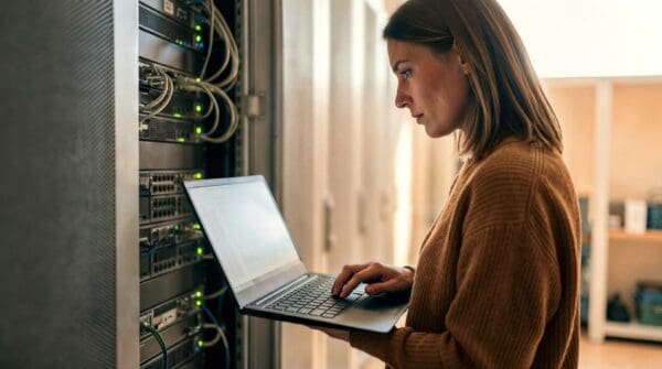 Woman working on a laptop at a server rack